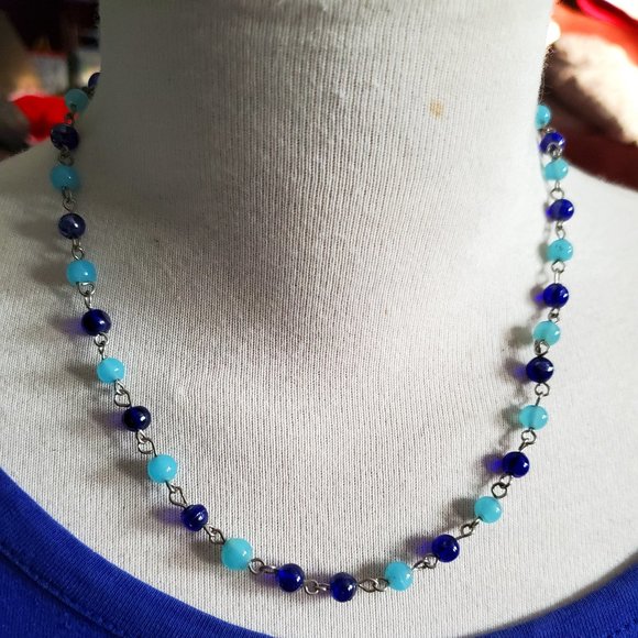 16" Silver Tone Blue Glass Bead Strand Necklace ND Jewelry Handmade Women Style - Picture 2 of 4